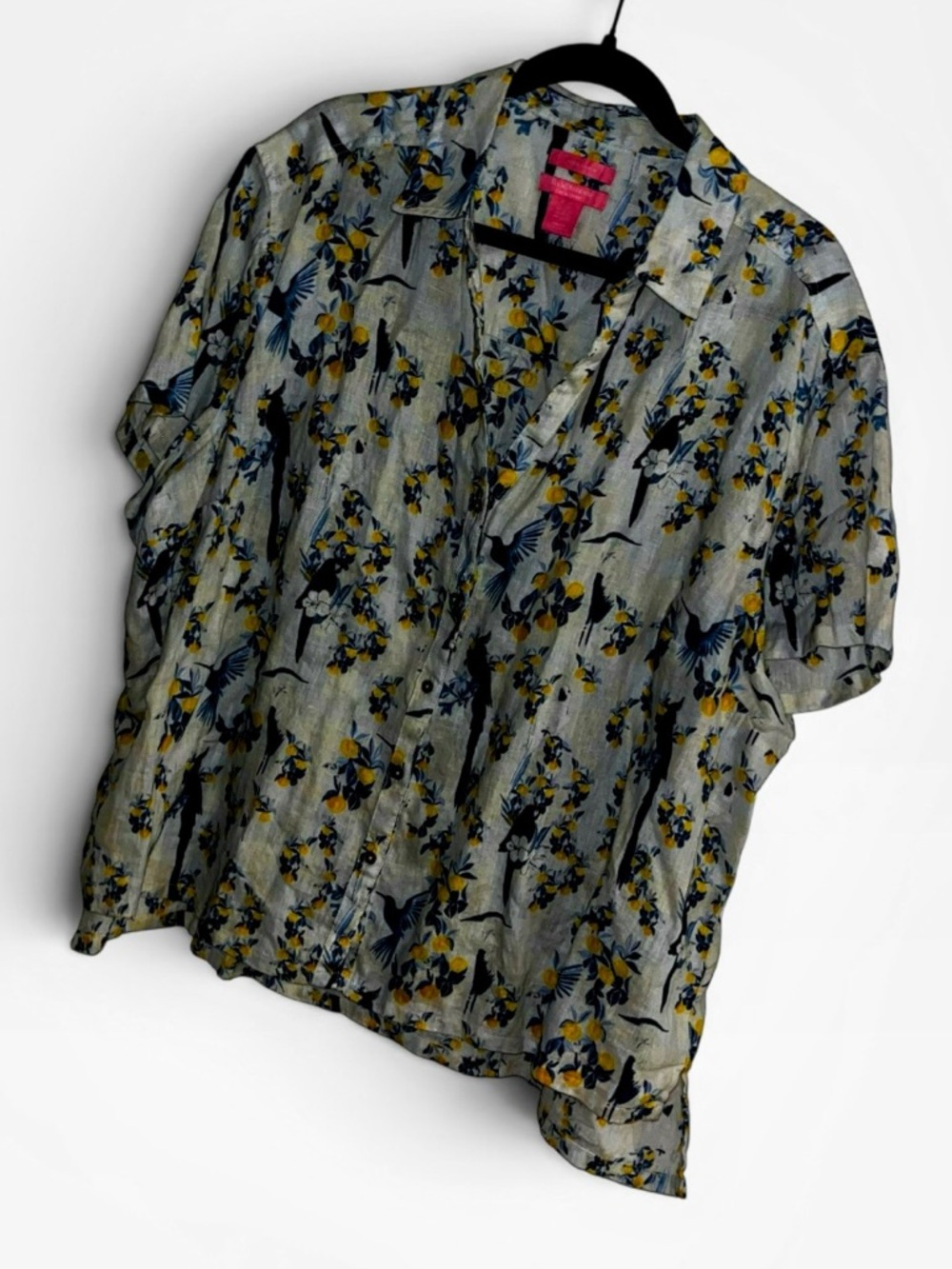 Isaac Mizrahi shirt sleeve blue bird lemon citrus 100% linen blouse 2x xxl
